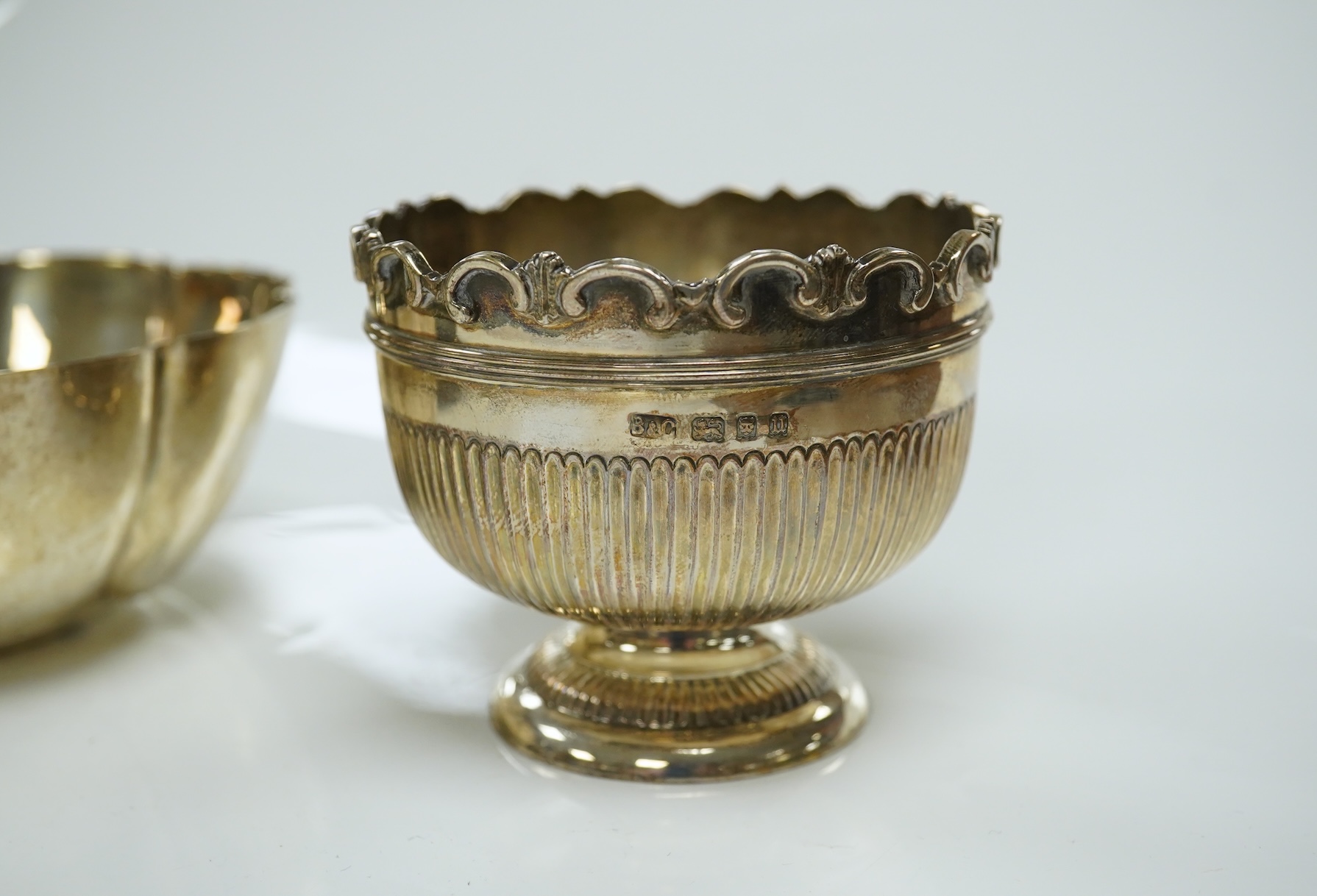 Three assorted small silver bowls including Edwardian cusped shape by Mappin & Webb, 13.6oz Condition - poor to fair